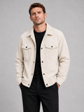 Men wearing beige corduroy jacket lapel loose fit fall casual streetwear style