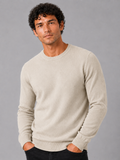 Men wearing beige crew neck knit sweater long sleeve soft lightweight fall casual style