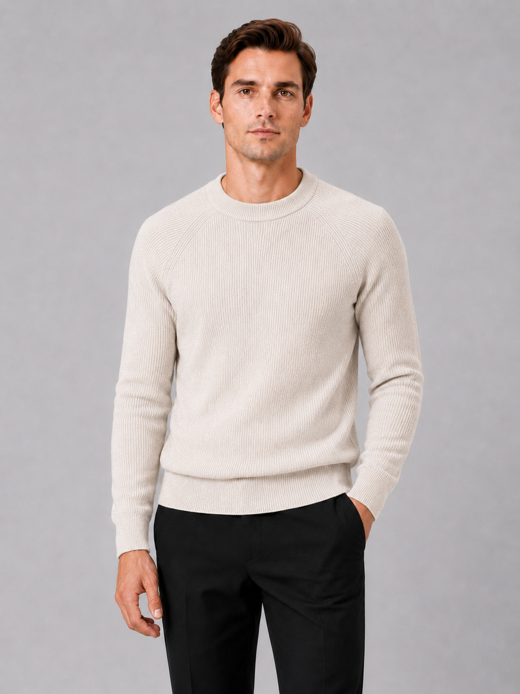 Men wearing beige crew neck sweater slim fit thick long sleeve fall winter business casual style