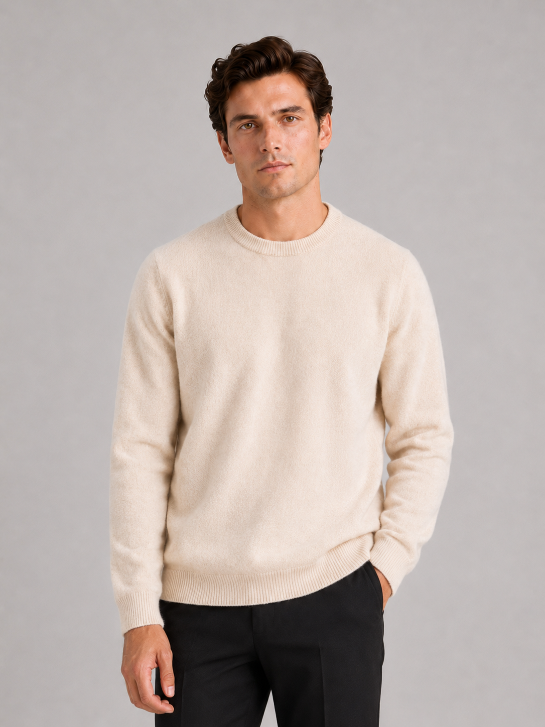 Men wearing beige crewneck sweater loose fit knit pullover fall winter casual style