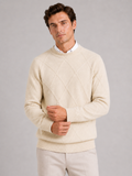 Men wearing beige fleece cable knit sweater crew neck loose fit warm fall winter casual style