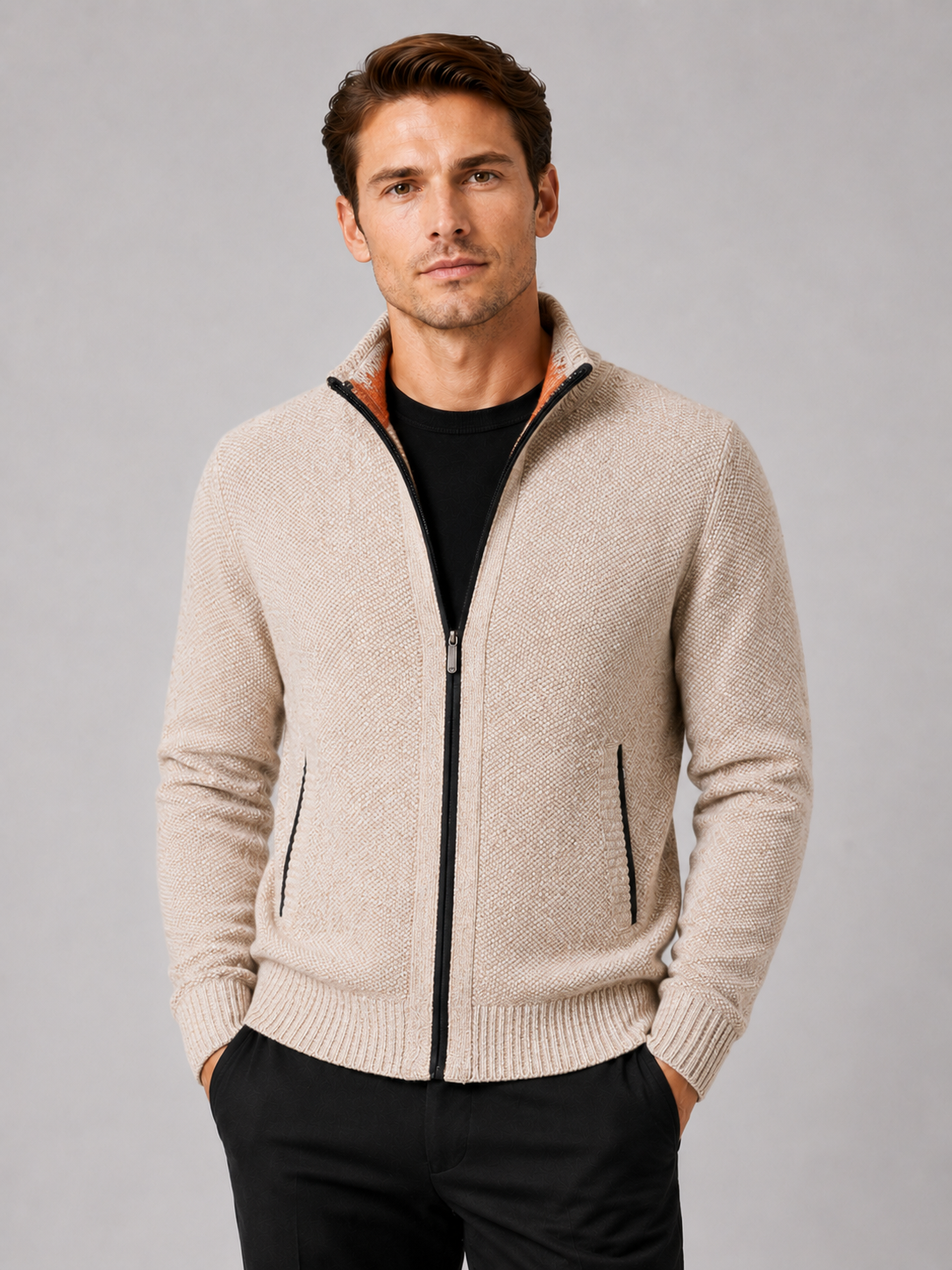 Men wearing beige fleece cardigan sweater full zip warm fall winter casual style