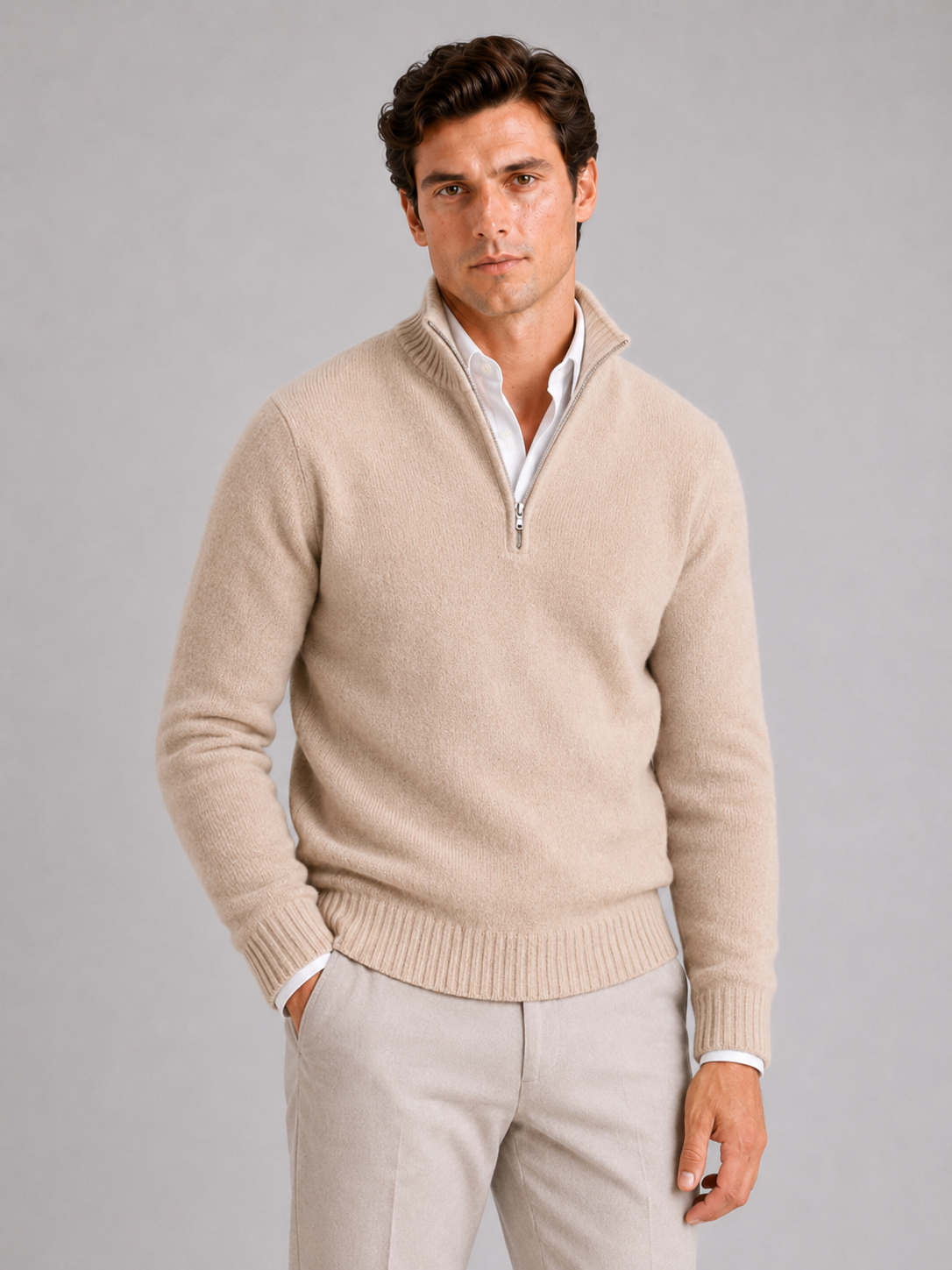 Men wearing beige half zip sweater long sleeve solid color knit pullover for fall everyday style