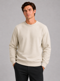 Men wearing beige heavyweight crewneck sweater 100 percent cotton long sleeve fall casual style