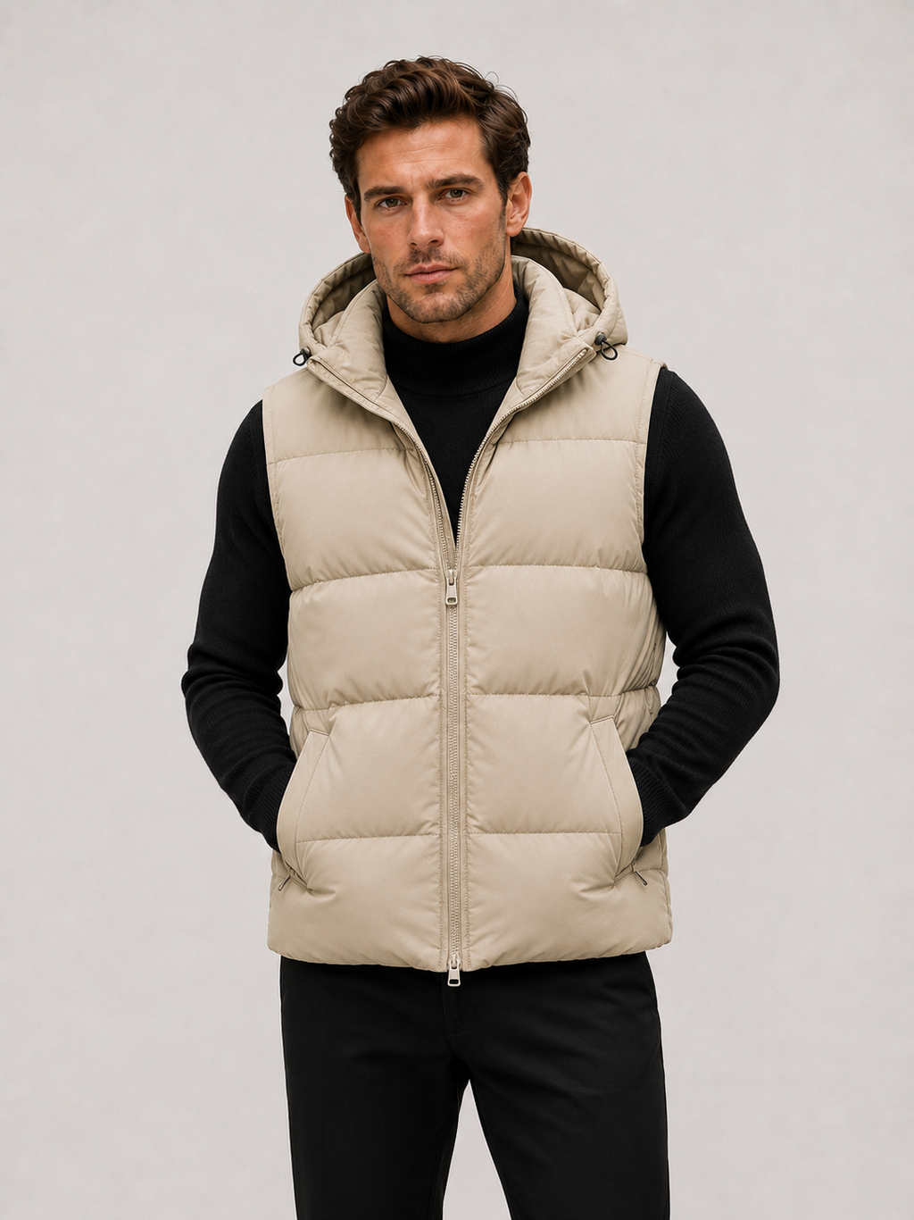 Front view of a man wearing a beige hooded puffer vest with thick insulation, a full zip front, and sleeveless winter design