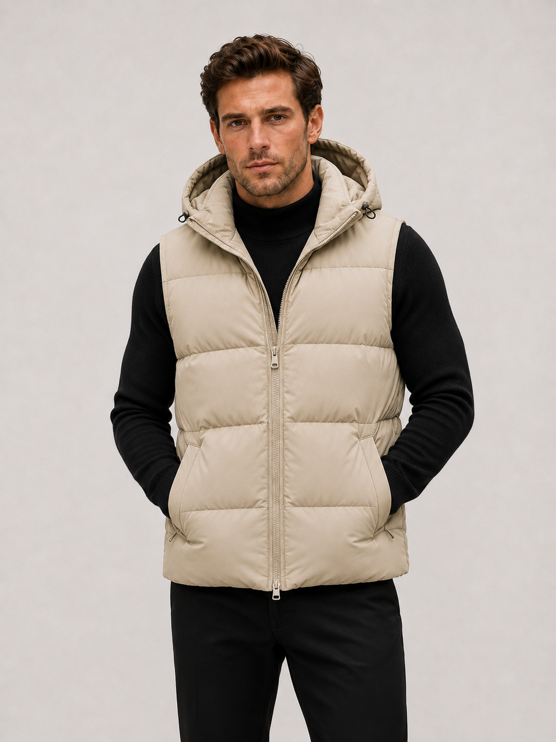 Front view of a man wearing a beige hooded puffer vest with thick insulation, a full zip front, and sleeveless winter design