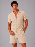 Men wearing beige jacquard cotton two piece set lightweight breathable summer vacation outfit