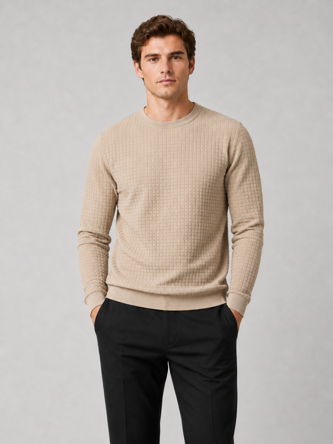 Men wearing beige jacquard crew neck sweater slim fit long sleeve warm fall winter casual style