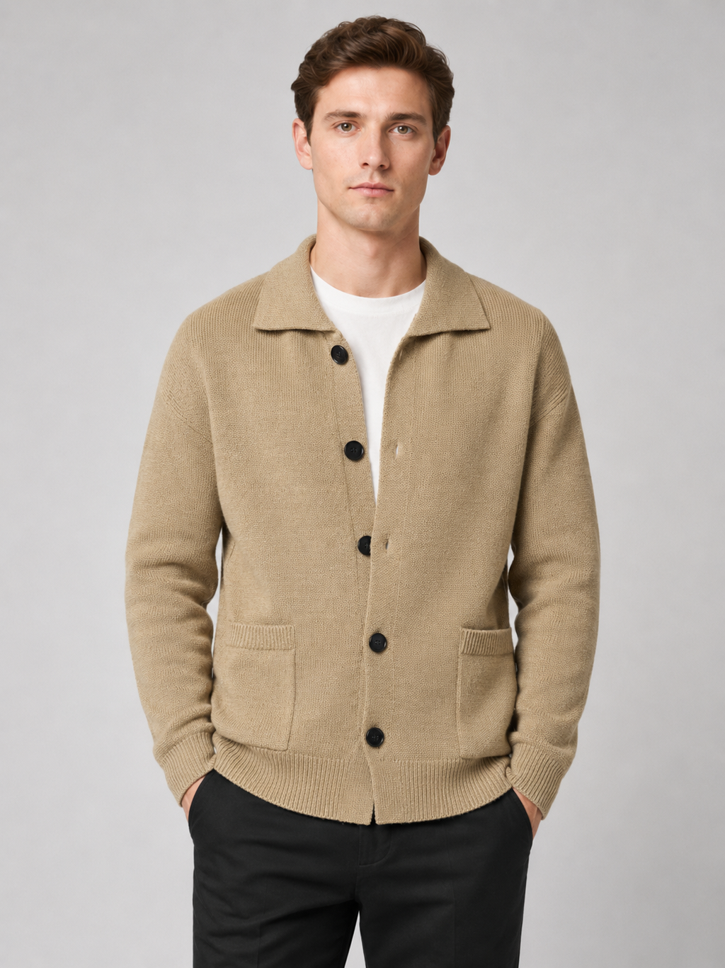 Men wearing beige knit cardigan sweater lapel button up solid color spring fall business casual style