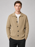 Men wearing beige knit cardigan sweater lapel button up solid color spring fall business casual style