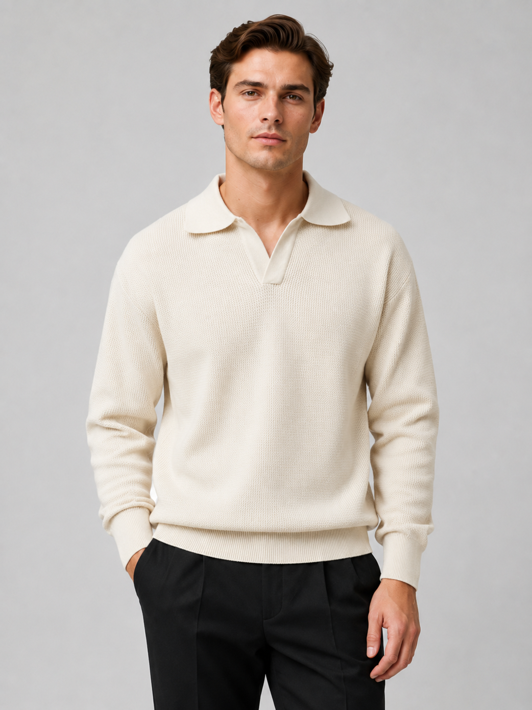 Men wearing beige knit polo shirt long sleeve v neck turn down collar fall business casual style
