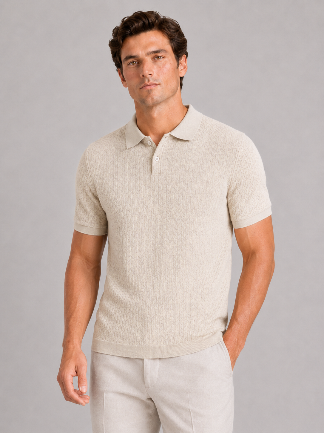 Men wearing beige knit polo shirt short sleeve breathable solid color summer casual style