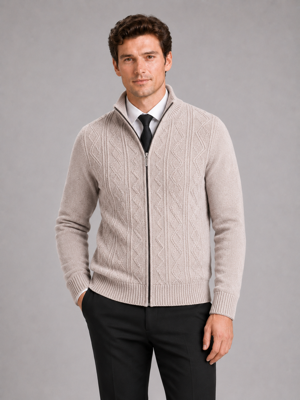 Men wearing beige knit stand collar full zip sweater thick warm fall winter casual style