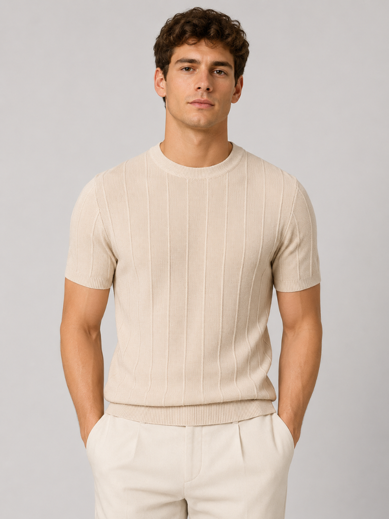 Men wearing beige knit t shirt lightweight breathable coastal casual quiet luxury style
