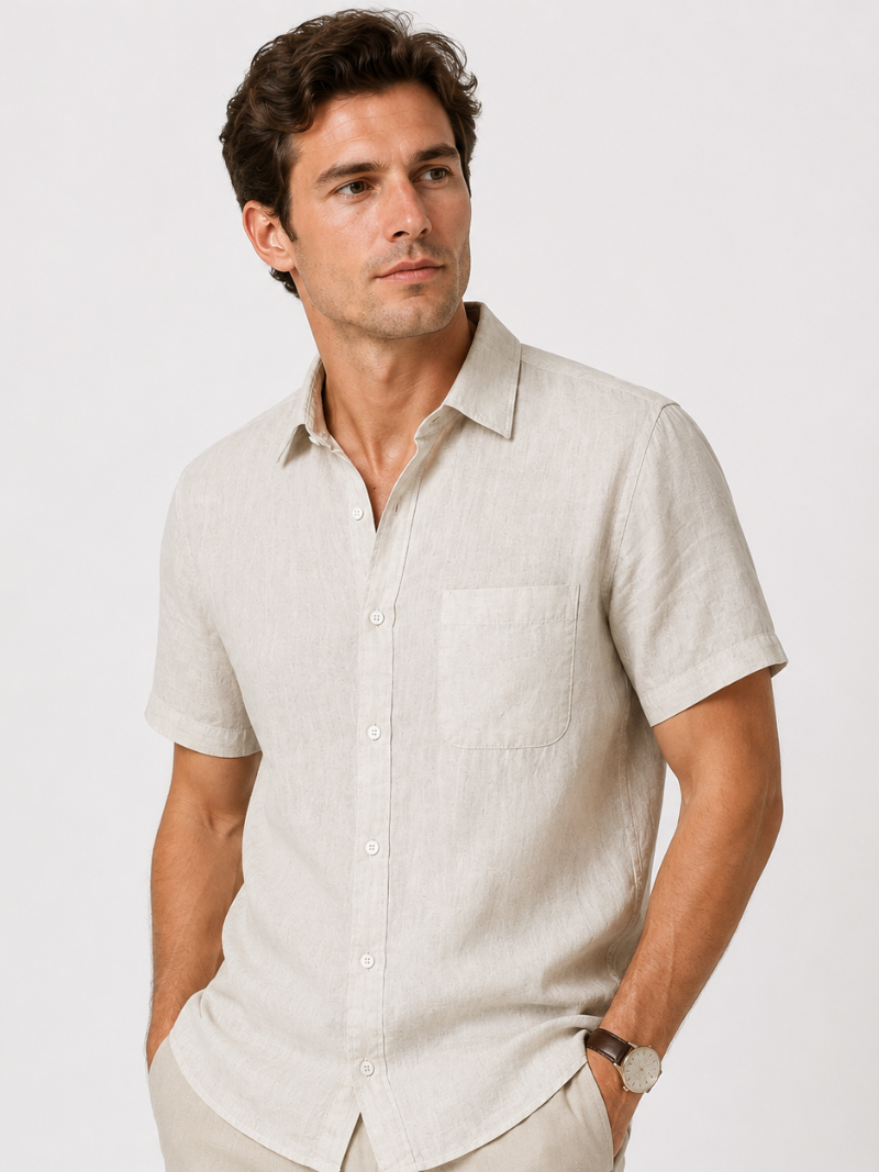 Men wearing beige linen short sleeve shirt lightweight breathable coastal casual summer style