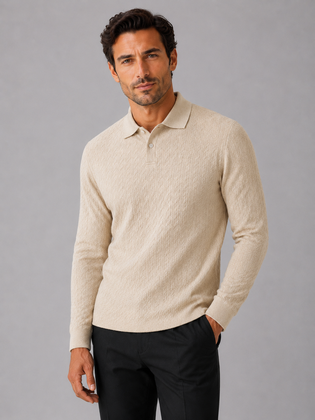 Men wearing beige long sleeve polo shirt business casual knit top for smart casual wear