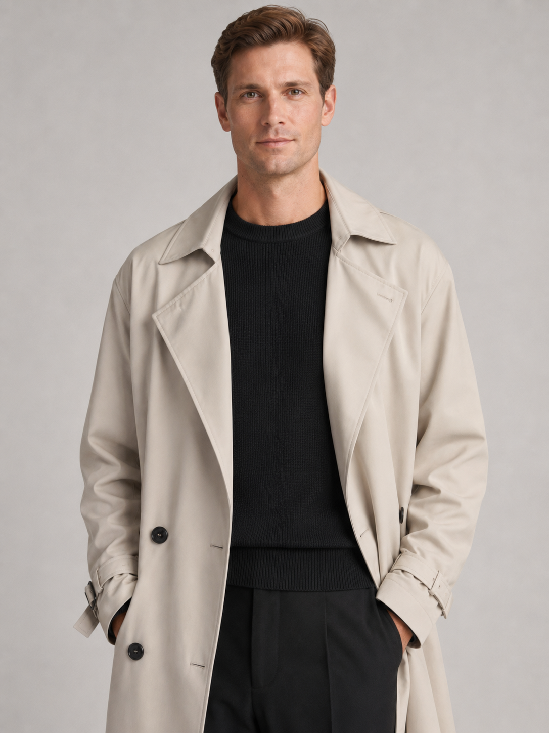 Men wearing beige long trench coat over the knee waterproof windbreaker fall travel style
