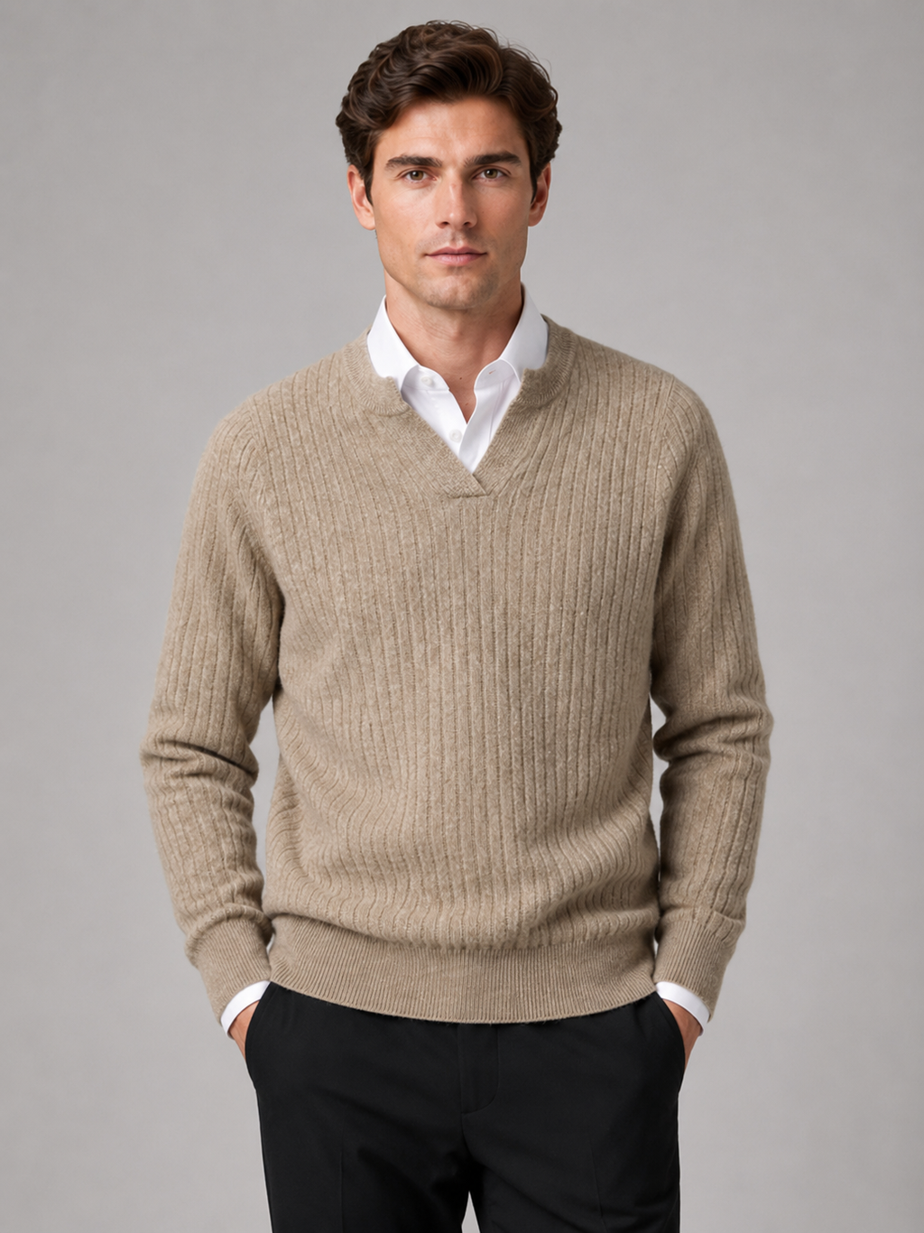 Men wearing khaki merino wool open collar sweater warm fall winter business casual style