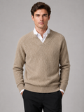 Men wearing khaki merino wool open collar sweater warm fall winter business casual style