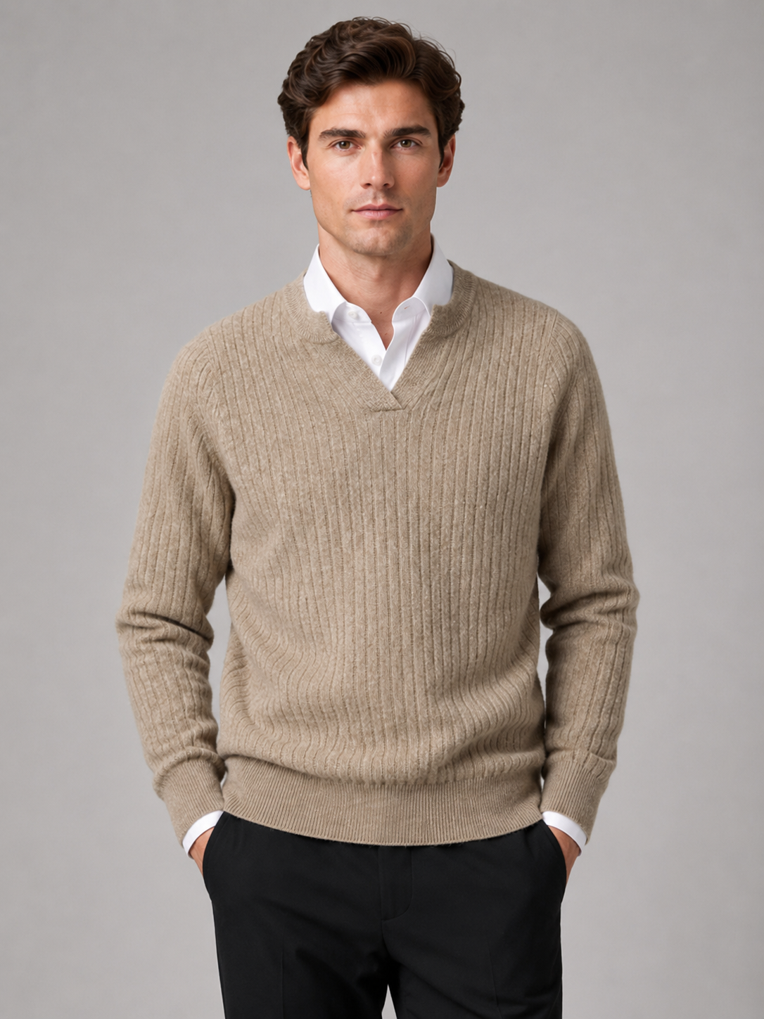 Men wearing khaki merino wool open collar sweater warm fall winter business casual style
