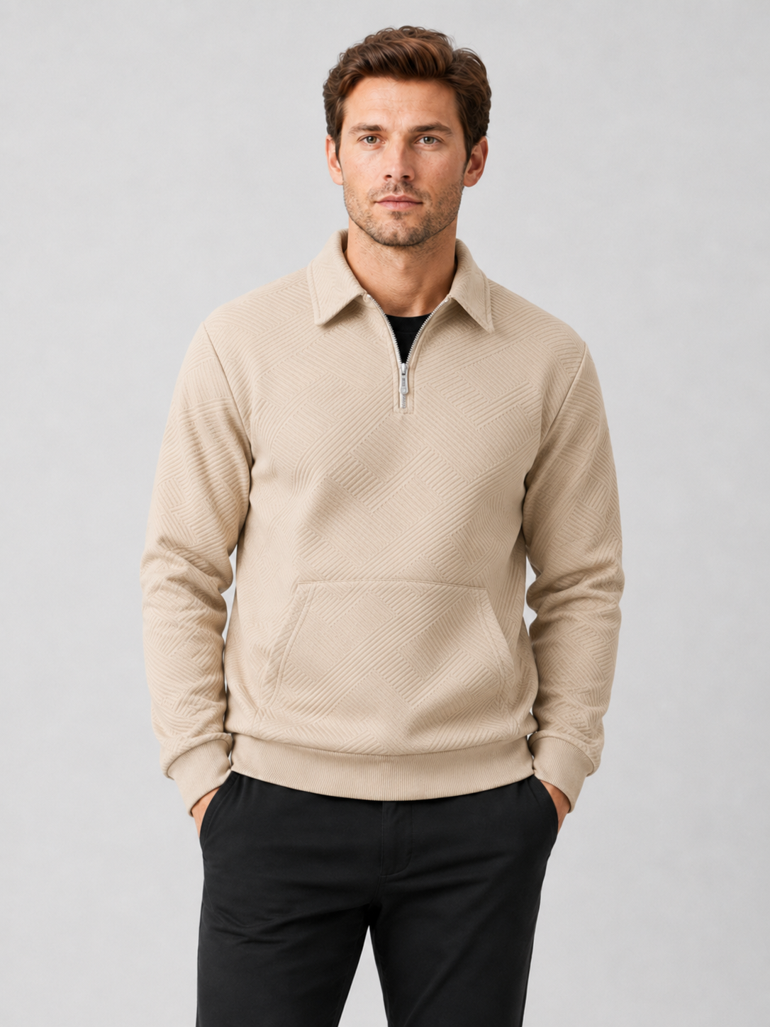 Men wearing beige quarter zip sweater long sleeve solid color fall outdoor casual style
