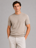 Men wearing beige merino wool knit t shirt short sleeve crew neck lightweight summer style
