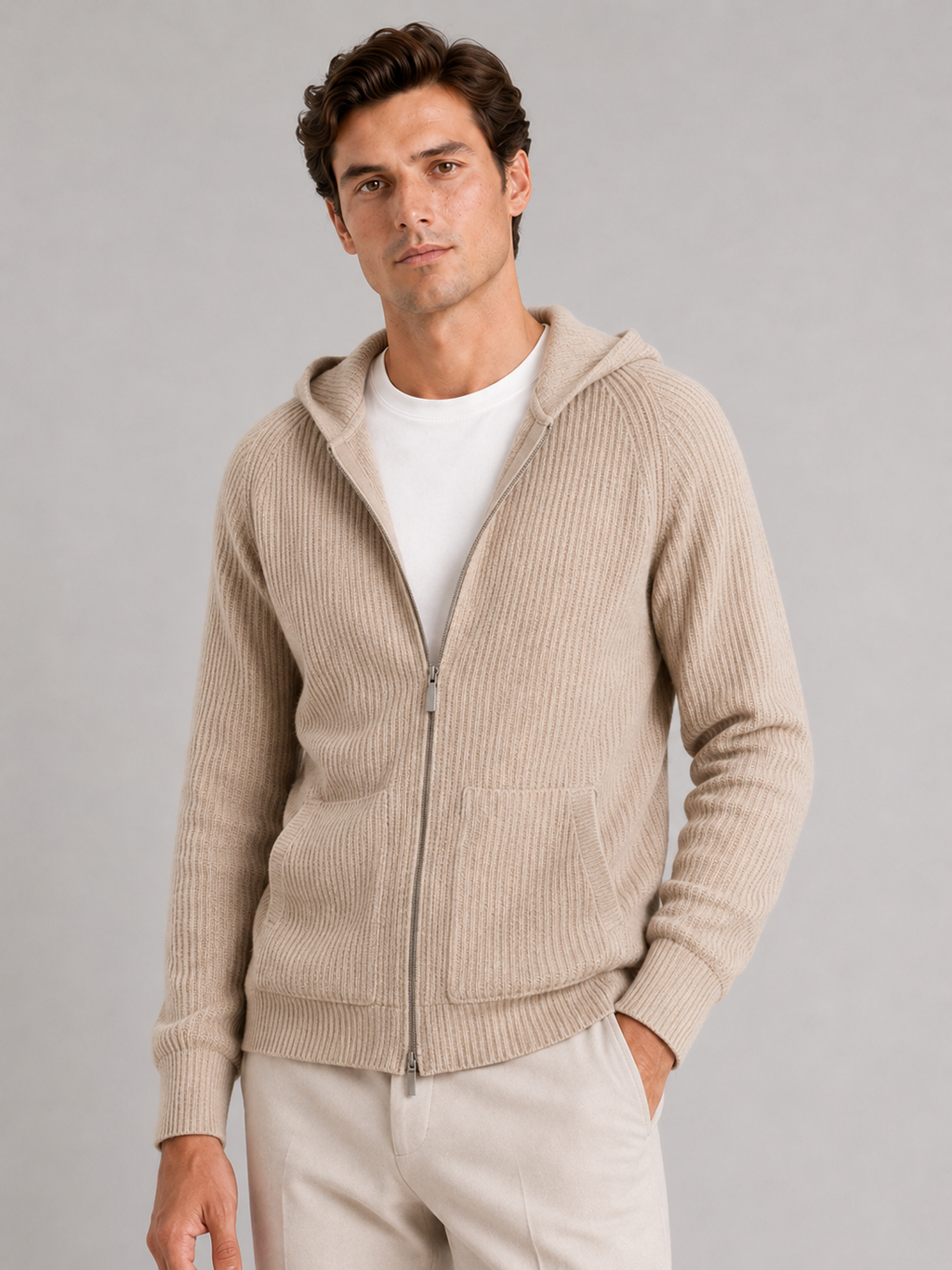 Men wearing beige merino wool zip hoodie cardigan thick knit fall winter casual style