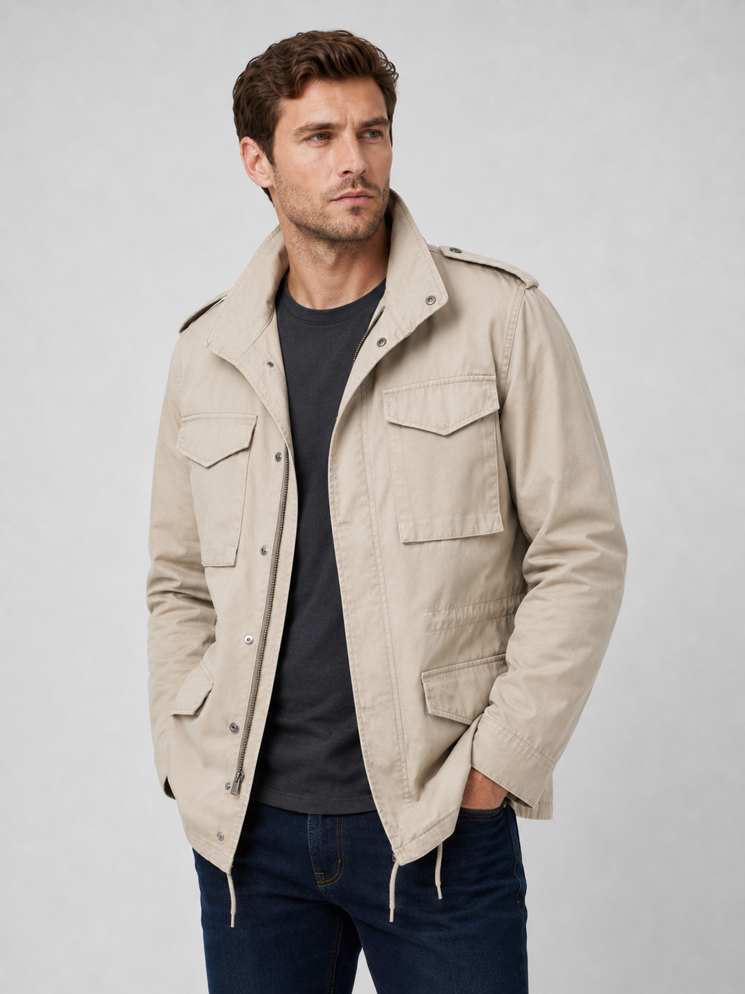 Men wearing beige military field jacket 100 percent cotton multi pocket zip up fall outdoor style