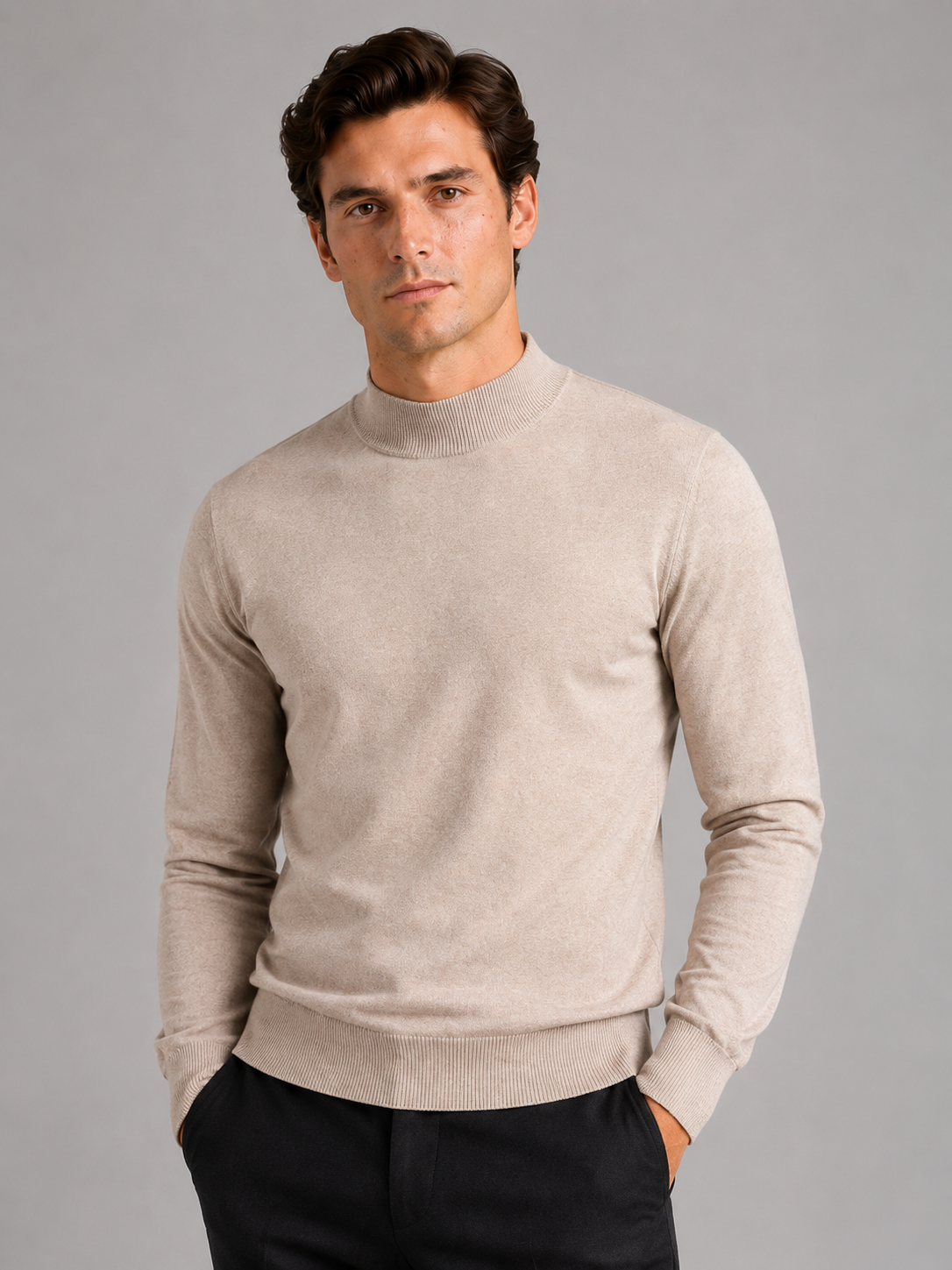 Men wearing beige mock neck sweater slim fit knit pullover warm winter casual style