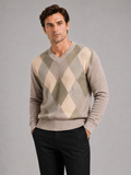 Men wearing beige plaid v neck knit sweater long sleeve fall business casual style