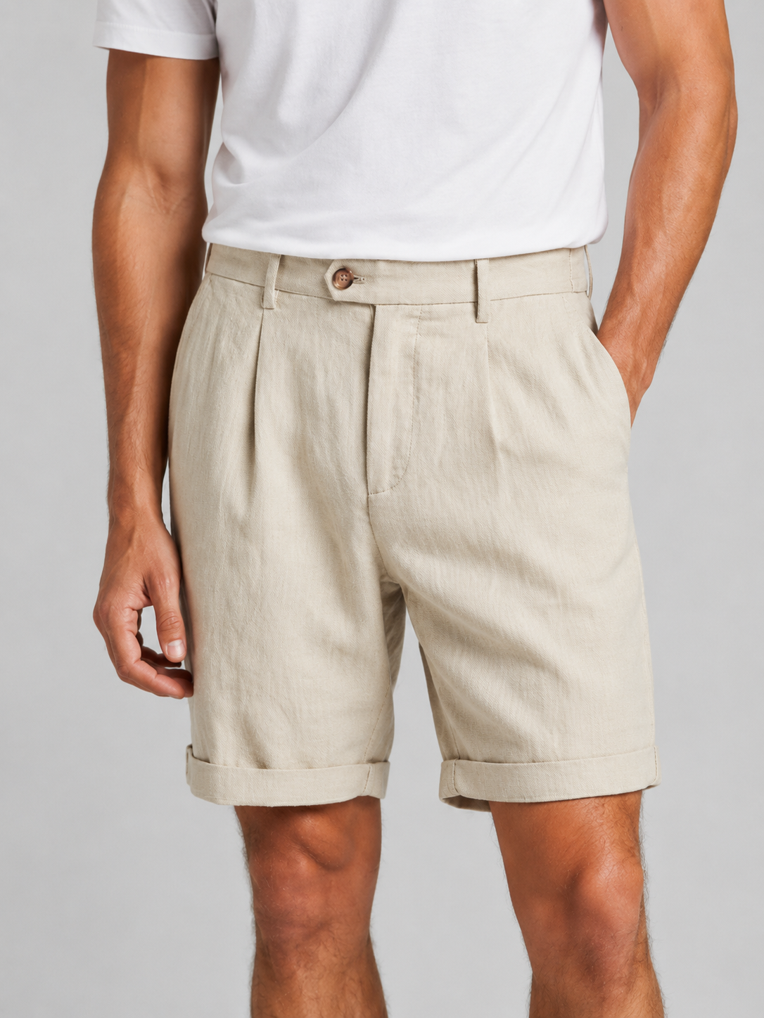 Beige linen blend shorts for men pleated design refined smart casual vacation outfit