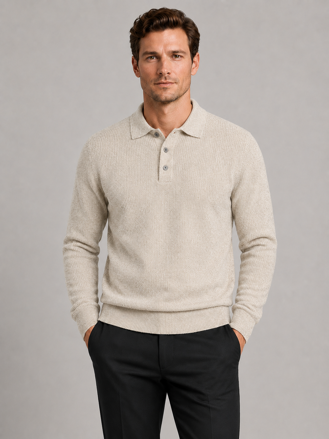 Men wearing beige polo neck sweater solid color warm knit fall winter business casual style
