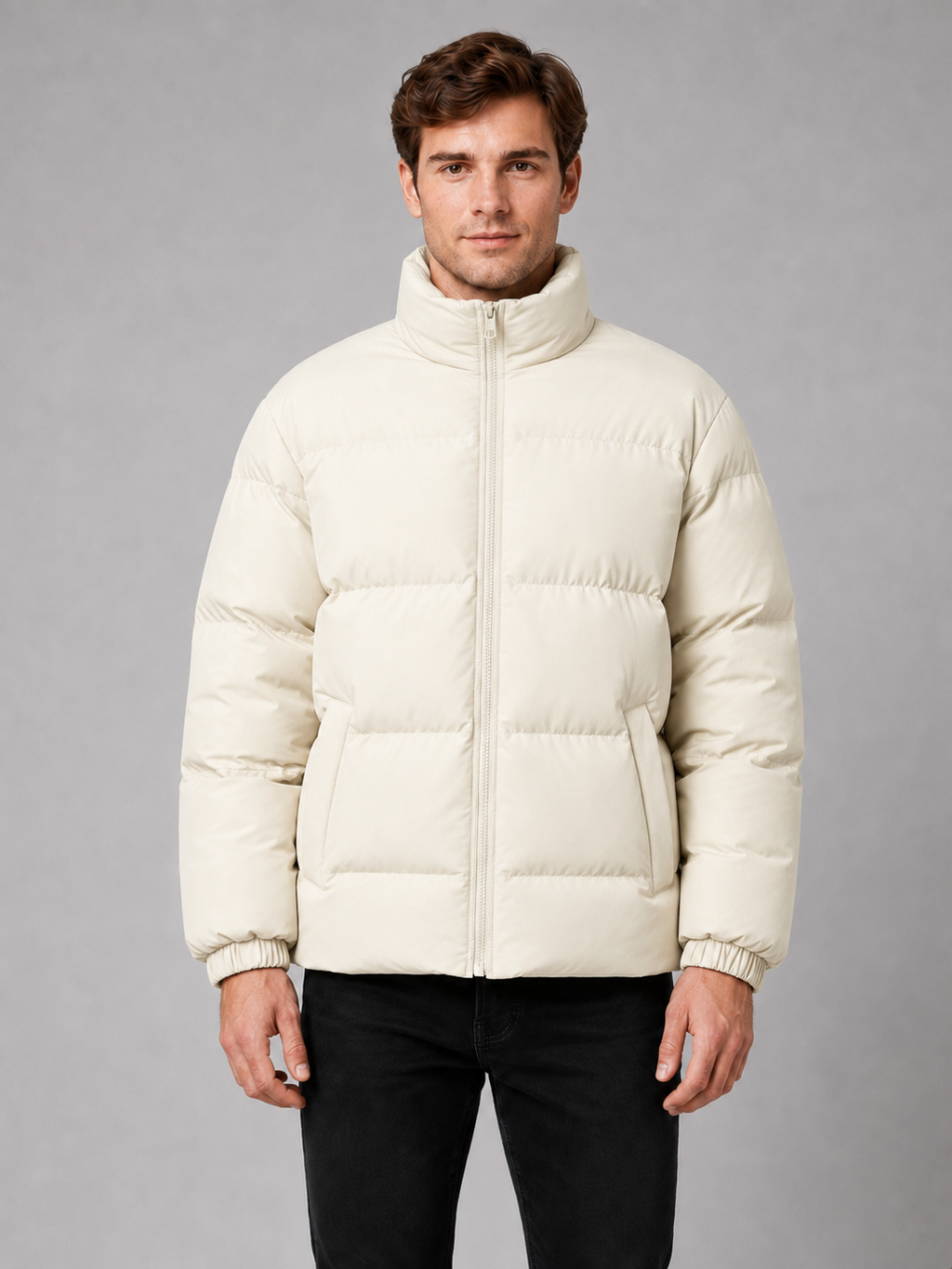 Men wearing beige puffer jacket stand collar thick warm winter outdoor casual style