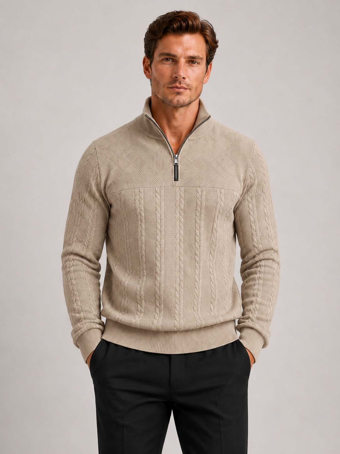 Men wearing beige jacquard quarter zip sweater long sleeve warm fall winter casual style