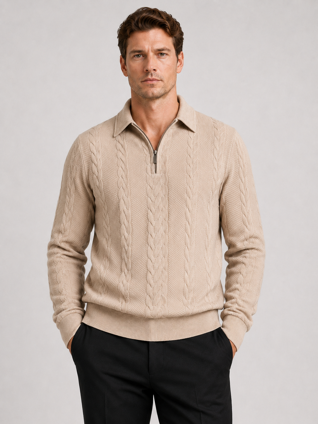 Men wearing beige quarter zip sweater long sleeve turn down collar fall winter casual style