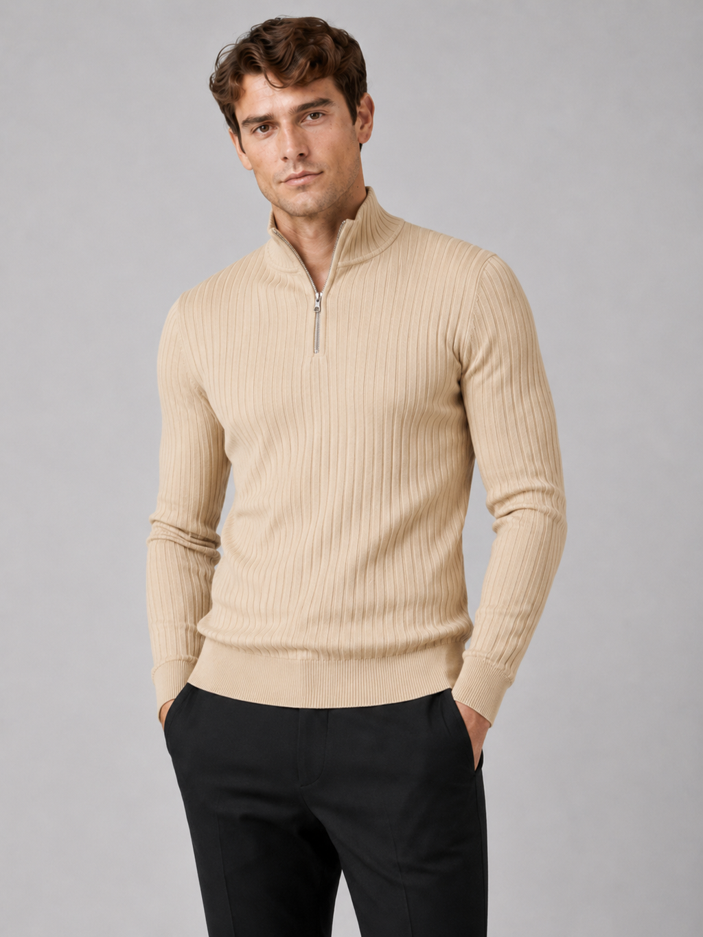 Men wearing beige quarter zip sweater mock neck long sleeve knit fall winter business casual style