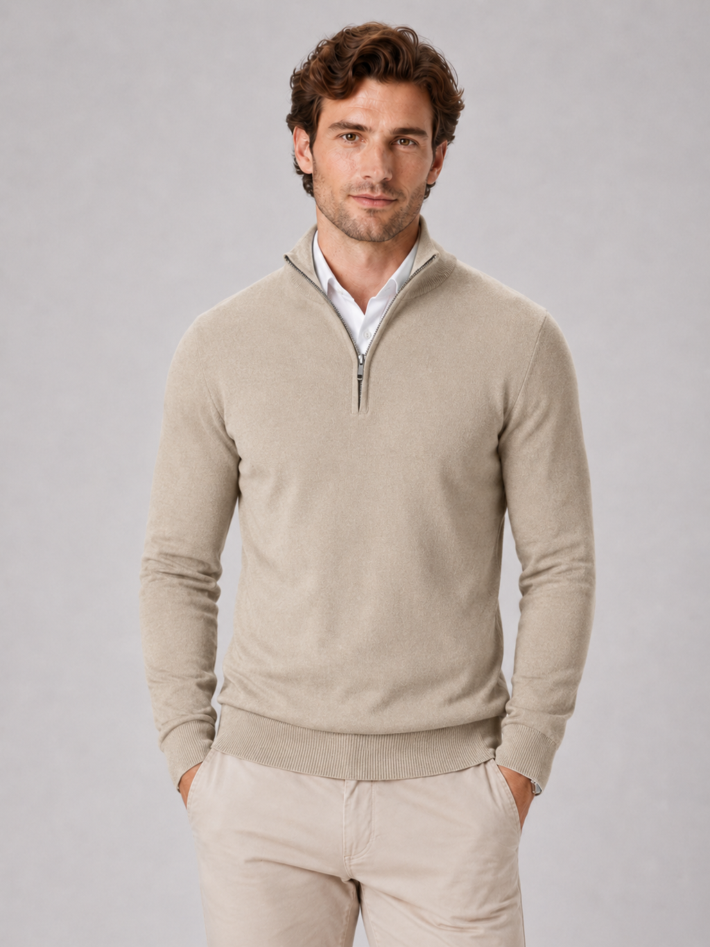 Men wearing beige quarter zip sweater slim fit lightweight mock neck spring fall casual style