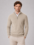 Men wearing beige quarter zip sweater slim fit lightweight mock neck spring fall casual style