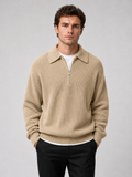 Men wearing beige quarter zip sweater turn down collar long sleeve polo loose fit fall casual style
