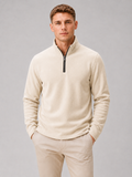 Men wearing beige quarter zip fleece pullover thick warm winter casual outdoor style