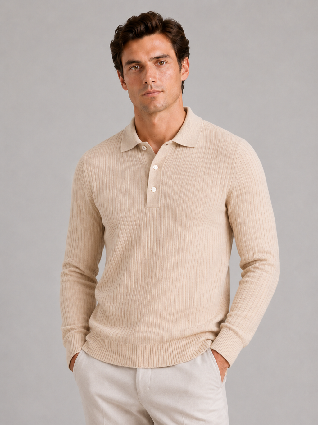 Men wearing beige ribbed long sleeve polo shirt lightweight casual vacation style