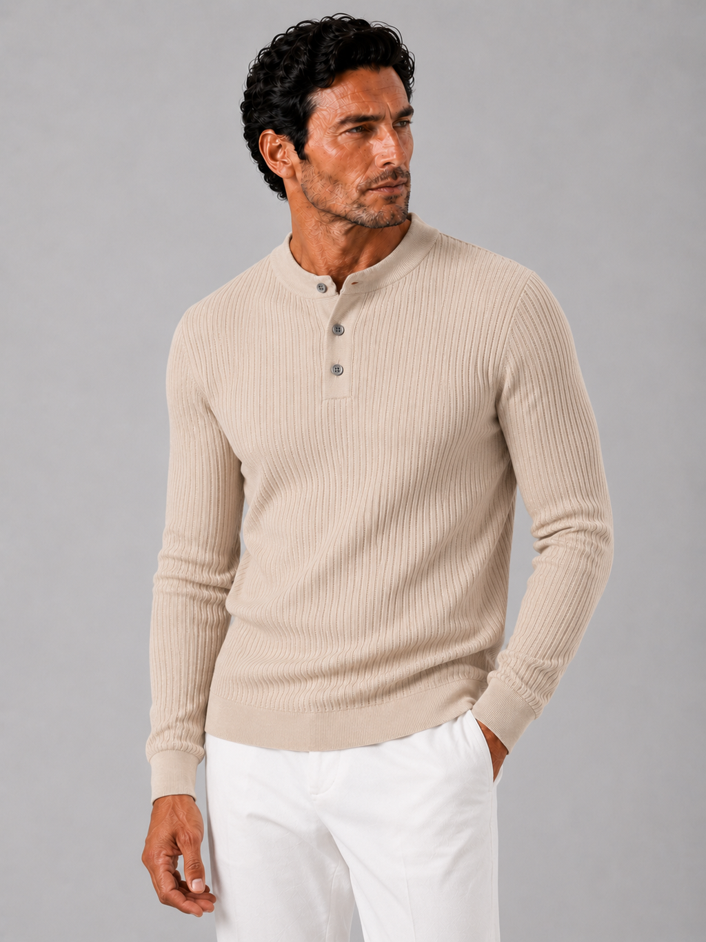 Men wearing beige ribbed stripe long sleeve henley polo shirt slim fit autumn winter style