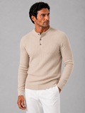 Men wearing beige ribbed stripe long sleeve henley polo shirt slim fit autumn winter style