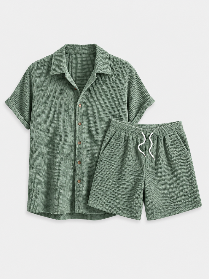 Green two piece shirt and shorts set for men relaxed resort outfit soft breathable fabric
