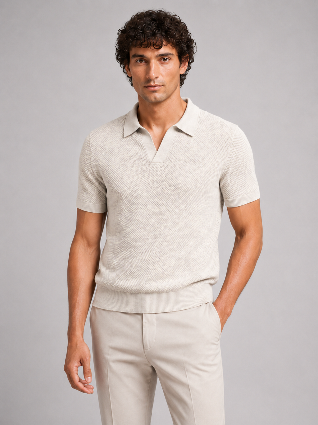 Men wearing beige knit polo shirt lightweight breathable stretch short sleeve summer style