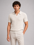 Men wearing beige knit polo shirt lightweight breathable stretch short sleeve summer style