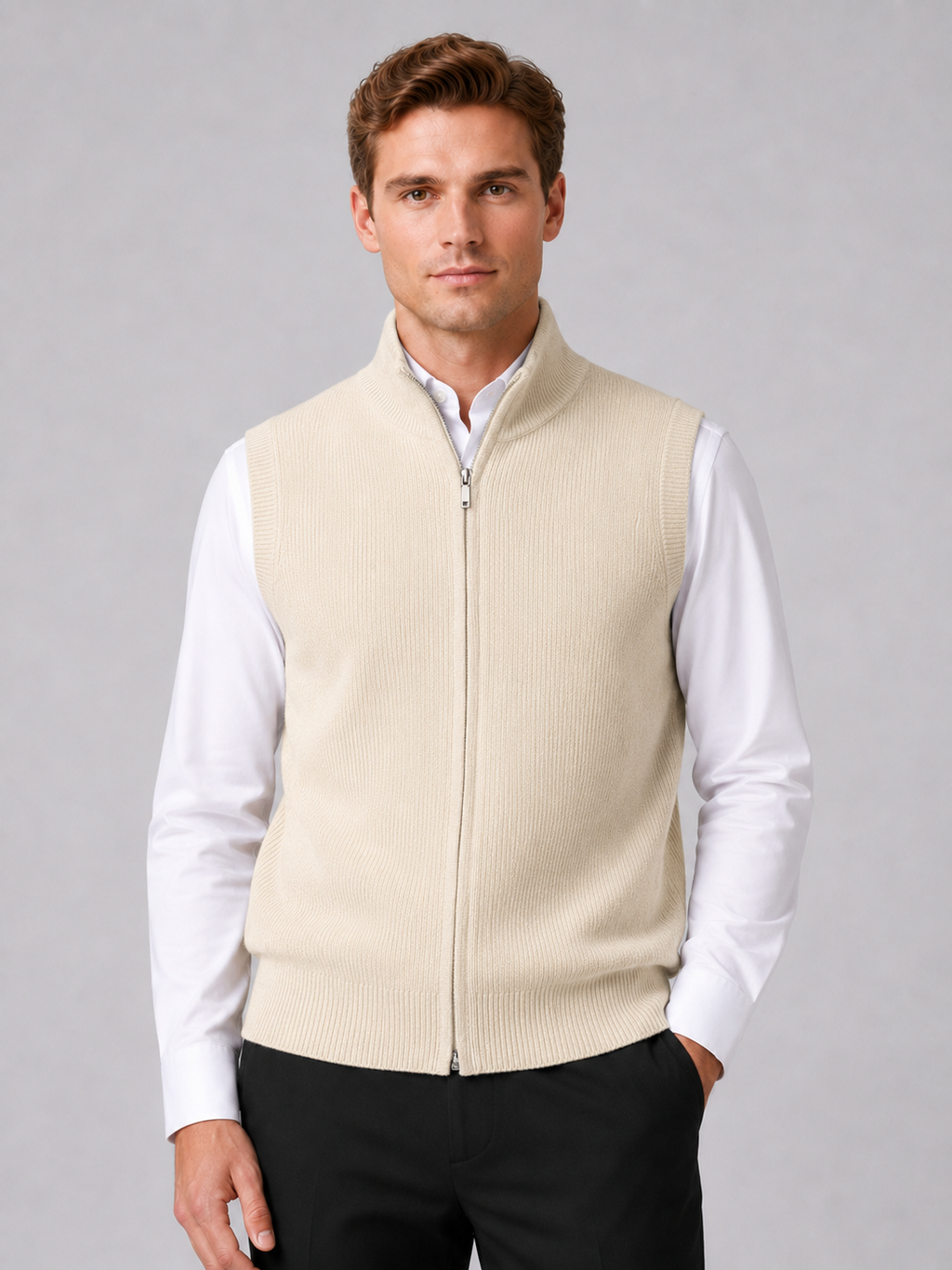 Men wearing beige full zip sweater vest mock neck knit fall winter business casual style
