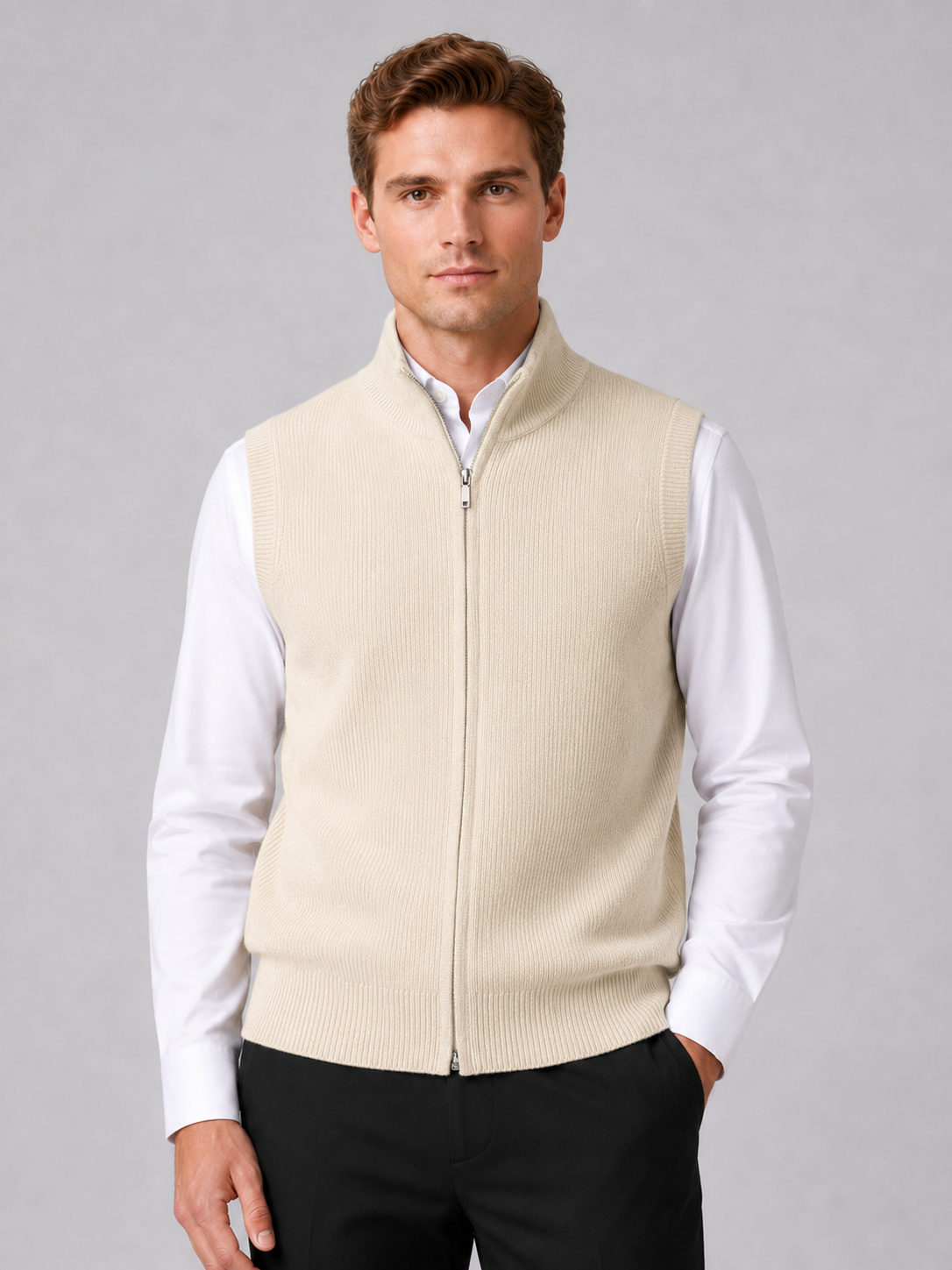 Men wearing beige full zip sweater vest mock neck knit fall winter business casual style