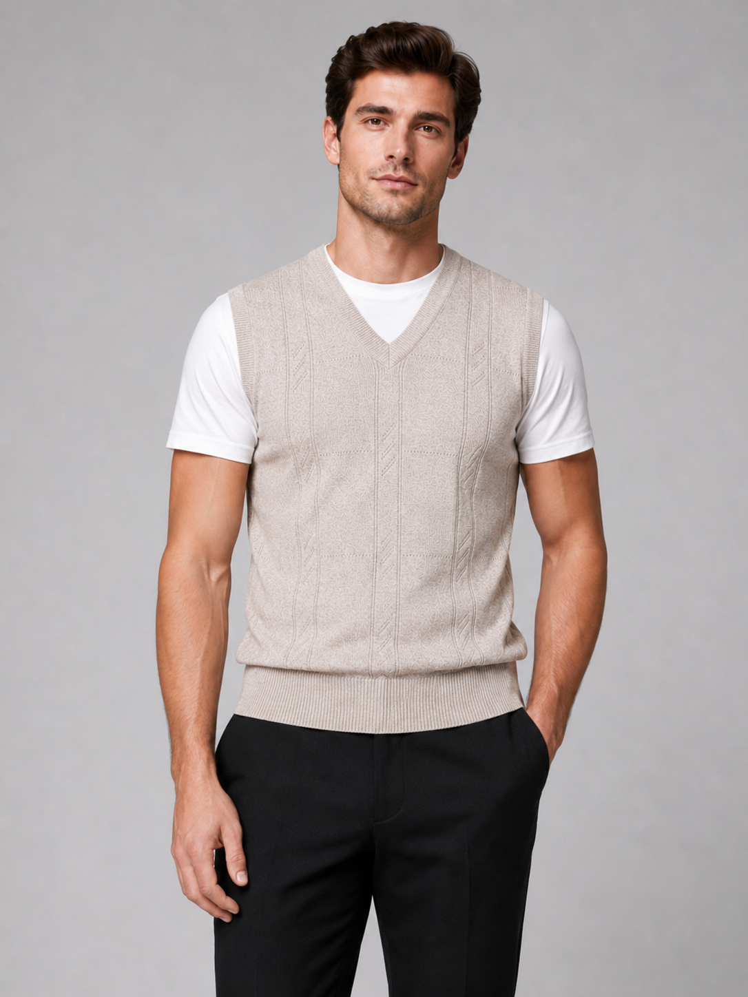 Men wearing beige v neck sweater vest solid color knit fall winter business casual style