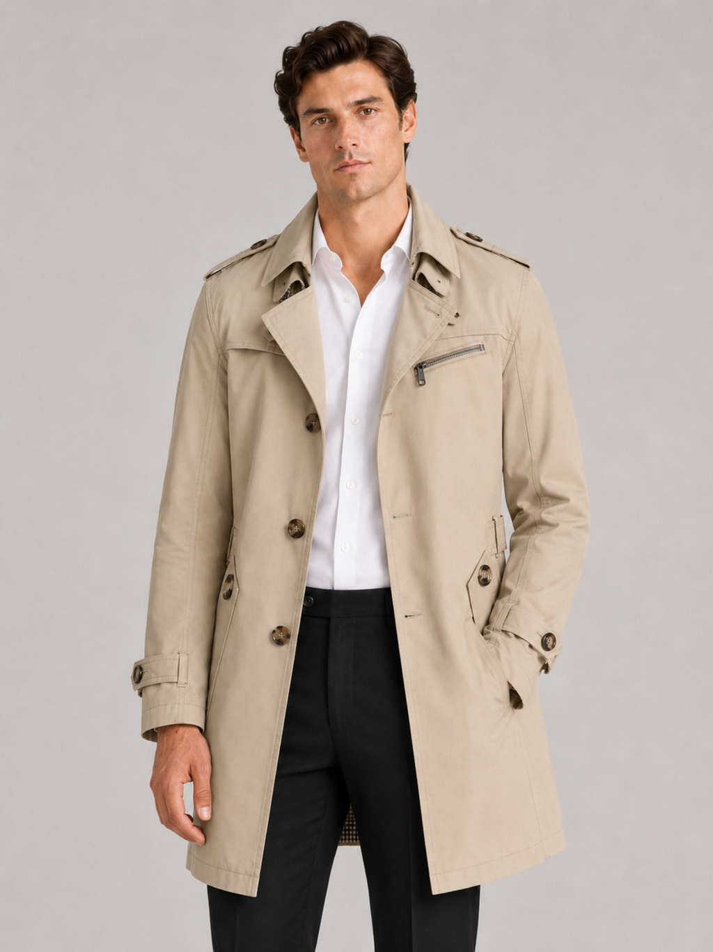 Men wearing beige cotton trench coat single breasted lapel mid length fall office style